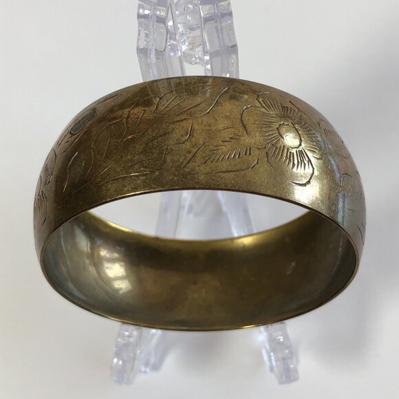 Brass Bangle Bracelet Etched Leaves & Flowers Natural Patina Unpolished IN - Picture 4 of 14